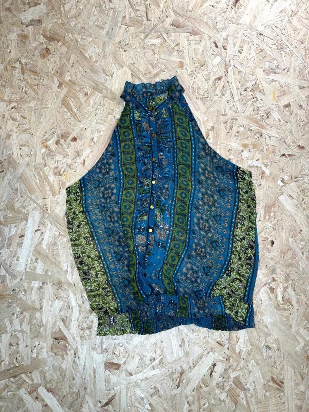 Pink Collection Halter Top Womens 1X Blue Green Floral Smocked Waist Ruffle